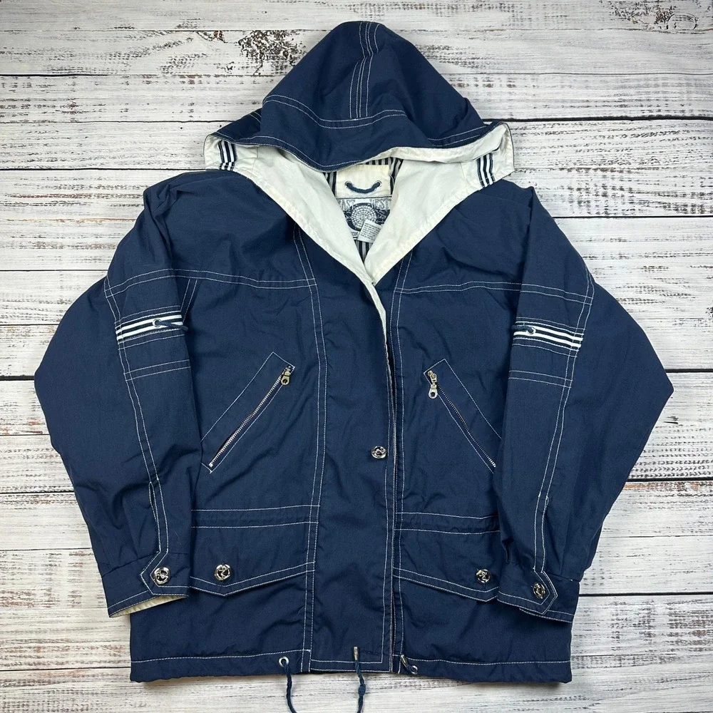 Vintage East West Jacket Nautical Hooded Polyester Cotton Navy Size Medium